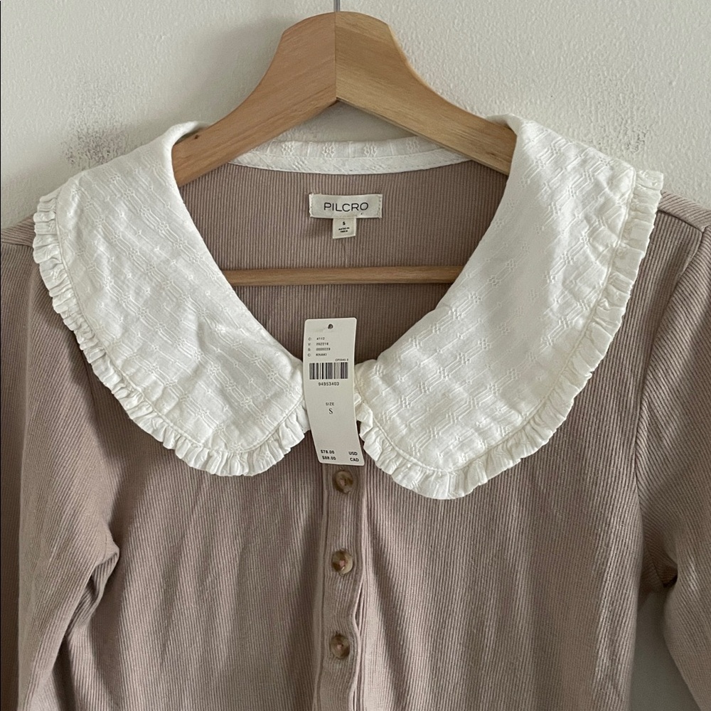 Pilcro Anthropologie Keira Peter Pan Collar Henley Top Size Small Neutral NWT - Picture 6 of 12